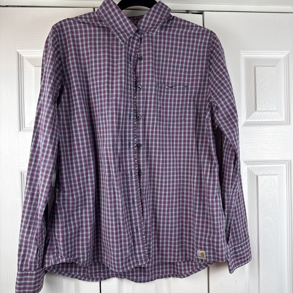 Carhartt Womens Large Red Gray Plaid Long Sleeve Cotton Button Down Shirt